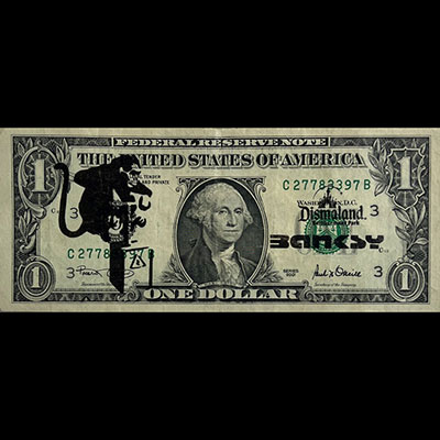Banksy. “Bomb Monkey”. 2015. Ink stencil on a real one dollar banknote from “The United States Of America”.