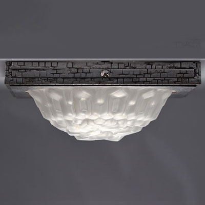 Art Deco ceiling light in stylized metal with geometric glass dome and 4 points of light - signed Degué Compiègne n° 555