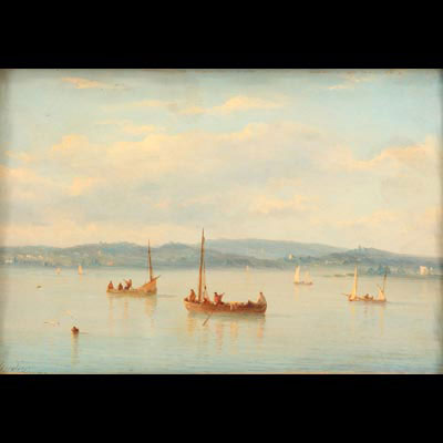 France - Henriette GUDIN, wife FAUCHER (1825-1876) oil painting on panel the boats on a clear day