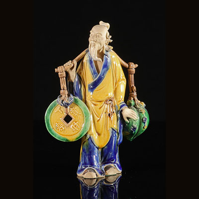 Wise Chinese Mudman statuette in glazed ceramic terracotta