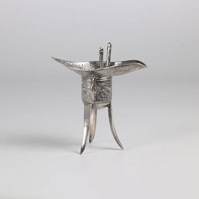 China solid silver wine cup with archaic Qing period decoration