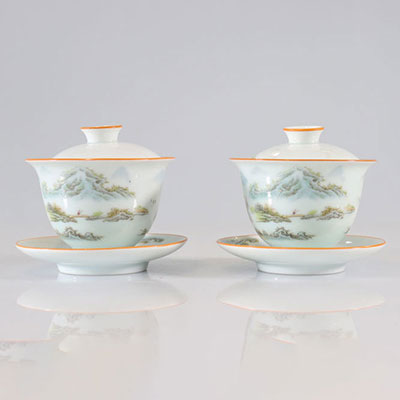 Pair of famille rose porcelain bowls with landscape decor from the Republic period