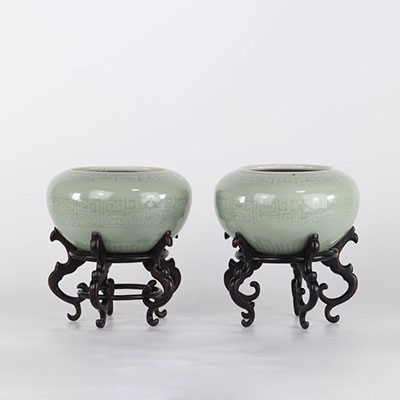 Pair of monochrome Chinese celadon porcelain planters XIX