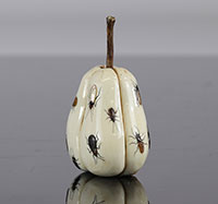 Japan, Erotic Shibayama Okimono in the shape of a fruit, stone and mother-of-pearl inlay of insects, 19th / 20th C.