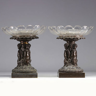 (2) Pair of large crystal bowls on bronze feet depicting a group of children from 19th century