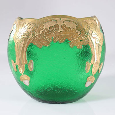 MONTJOYE ovoid vase, oak decor engraved and enhanced with gold, green granite background, circa 1900