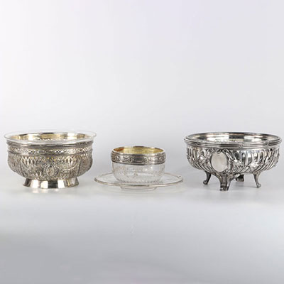 Lot of 3 Louis XVI style silver cups inside crystal, Minerva hallmarks