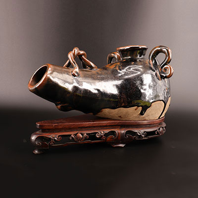 China - Glazed earthenware jug on a beautiful wooden base 19th