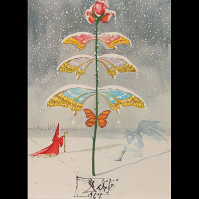 Salvador Dali Original Christmas card created for Hoechst Hibérica S.A from 1967 Signed in the 