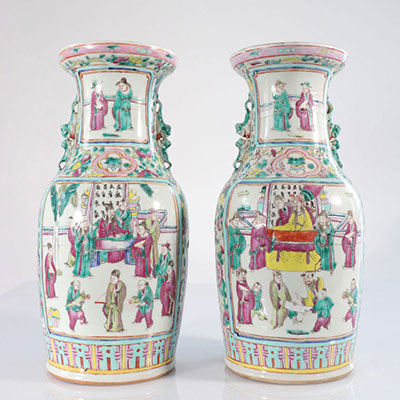 China pair of famille rose vases with character decor