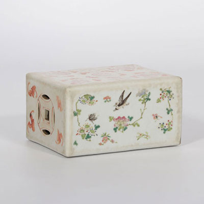 China famille rose opium pillow with bird decor and mouse warmers