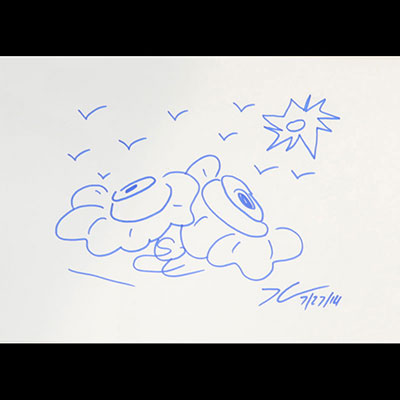 Jeff Koons, Flower drawing Dessin à l'encre bleue Signé à la main