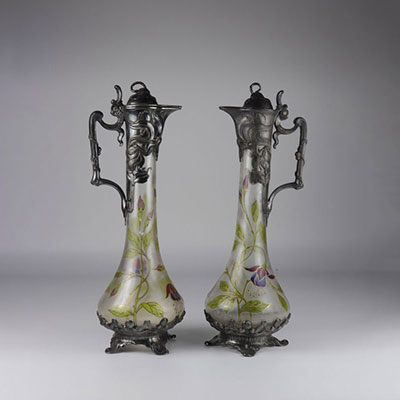 2 acid-free glass jugs attributed to LEGRAS, stamped WMF silver metal