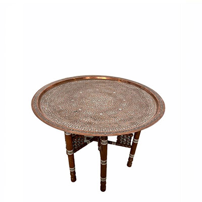 Syria table copper top wooden legs with inlay circa 1900