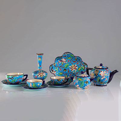 Enamels of Longwy coffee service and vase