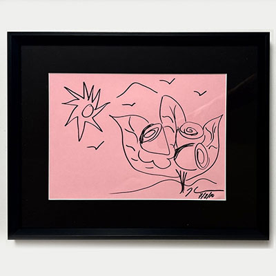 Jeff Koons. Flowers. Drawing in black marker on pink paper. Signed and dated 7/8/10 lower right.