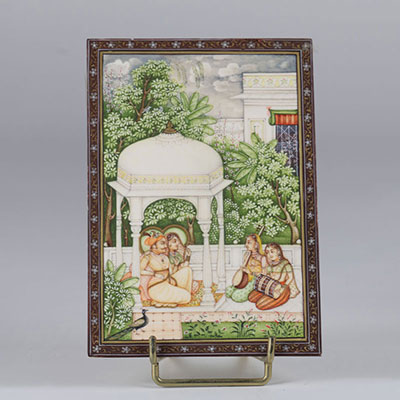 India Fine painting on ivory with decoration of figures in the garden circa 1900