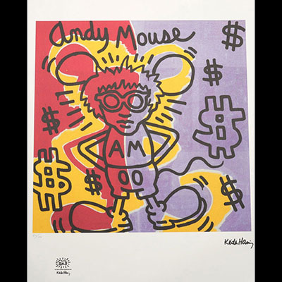 Keith Haring (après) - Andy Mouse - Offset lithographie sur papier vélin papier Imprimé signature, timbre sec de la Fondation