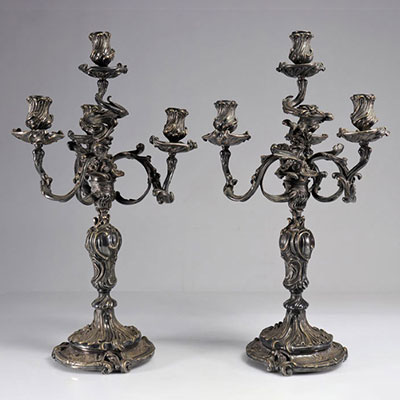 Paire de candélabres de style Louis XV bronze argenté Napoléon III