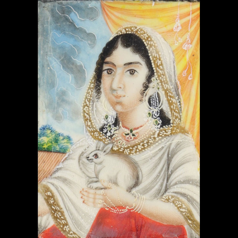 Art Qadjar Delhi Begum miniature sur ivoire jeune femme avec un lapin 18ème 
