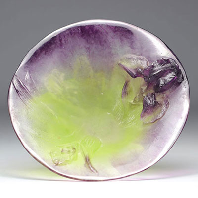 Daum Nancy footed bowl decorated with Iris on a mauve and green background