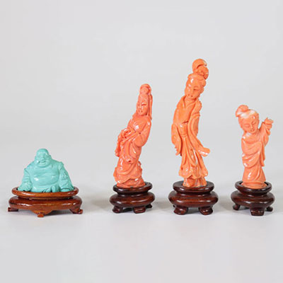 Chine 3 personnages en corail et 1 Buddha en turquoise 20ème