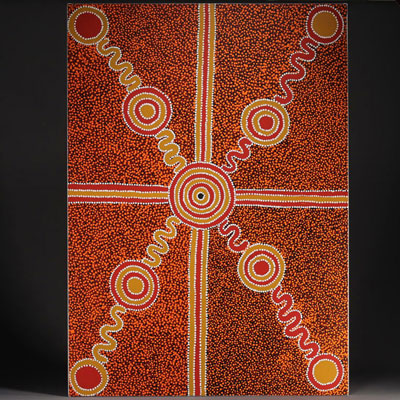 Ronnie BIRD JUNGALA (1960/72-2016) Grande peinture acrylique sur toile aborigène.