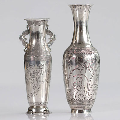 China vases (2) in silver with bamboo decoration