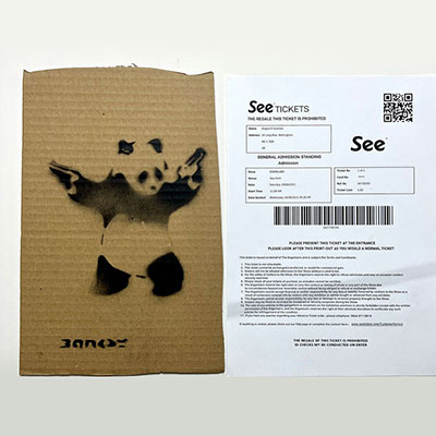 Banksy. “Panda Mean”. 2015. Spray paint and stencil on cardboard. Signed 