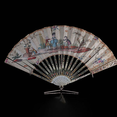 France Louis XV ivory fan painted with an 18th century garden scene