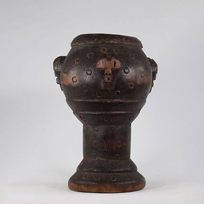Drum Songye DRC carved with characteristic anthropomorphic heads Former Pierre Dartevelle Collection