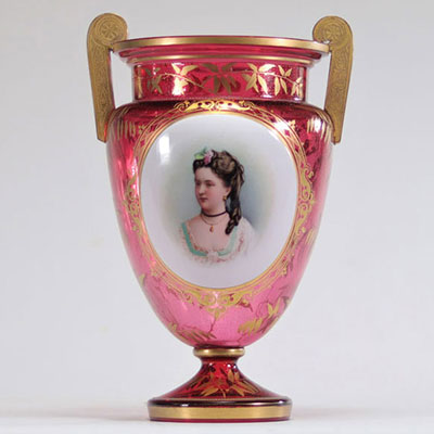 Bohemian Medici vase with a portrait of a young woman from 19th century