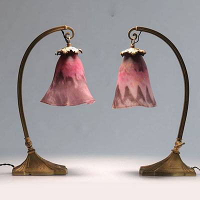 Pair of lamps, bronze base by Charles Ranc and cloudy DAUM tulip, signed - circa 1920