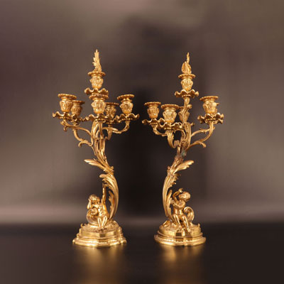 Large pair of Louis XV style gilt bronze candelabra