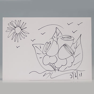 Jeff KOONS, Attribué à Sunny Flower »,7/11/2014 Dessin au feutre bleu sur papier Signé et daté, œuvre unique