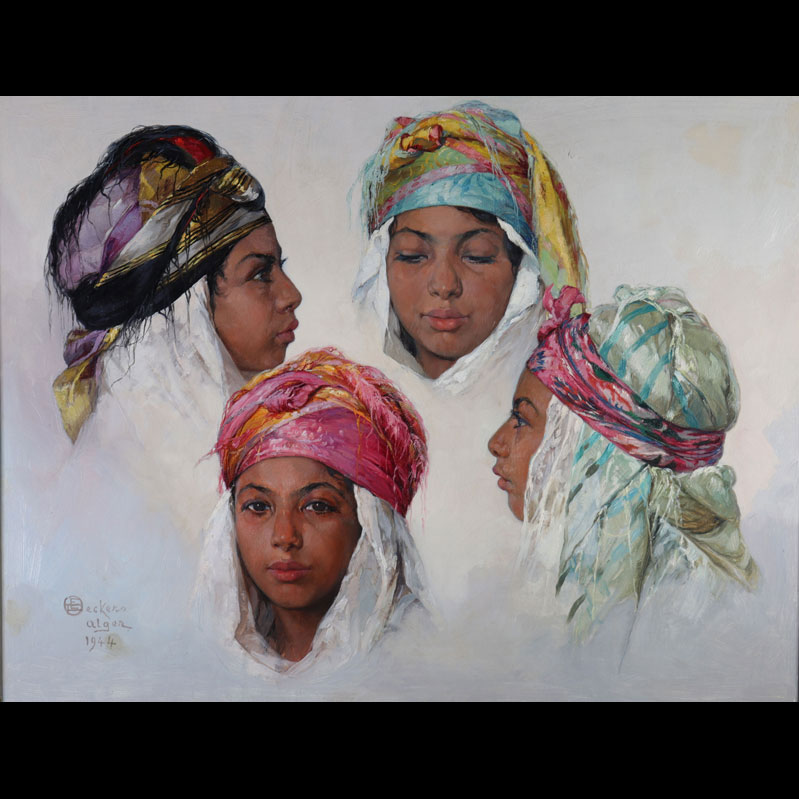 Émile Deckers Grande huile orientaliste sur panneau portrait de 4 jeunes Algérienne