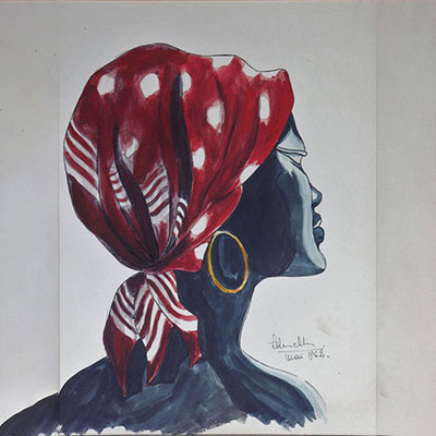 Aquarelle africaniste portrait de jeune femme signée et datée 1962 