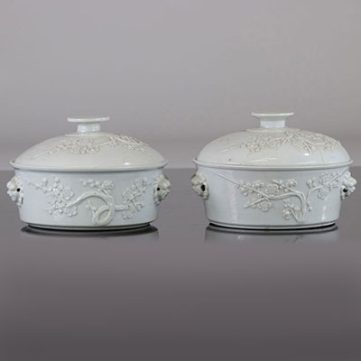 China dish covered in white (2 pieces including one restored) from china decor apple blossoms Qing dynasty Kangxi period