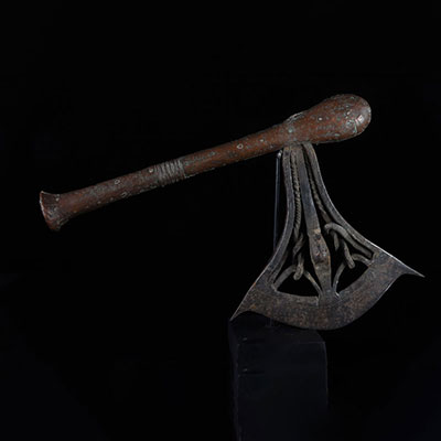 Africa (DRC) Songye ax iron blade decorated with heads handle covered with copper early 20th century