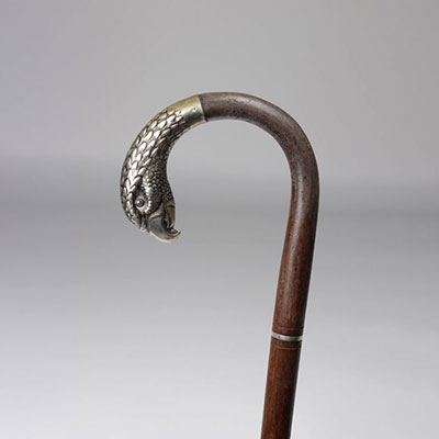 Silver pommel cane forming a parrot's head circa 1900