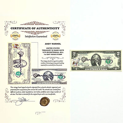 Andy Warhol. 2 dollar bill with the signature of 