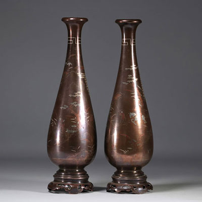 (2) Large pair of bronze vases with silver inlay from the 19th century