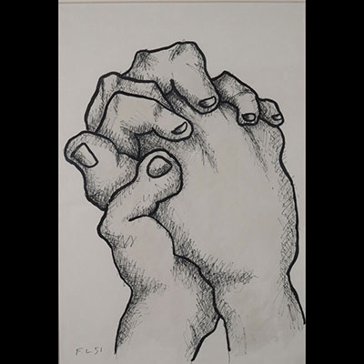 France - Rare œuvre authentique de Fernand LÉGER (1881-1955) - (61cm sur 41cm) - Mains jointes aux doigts difformes