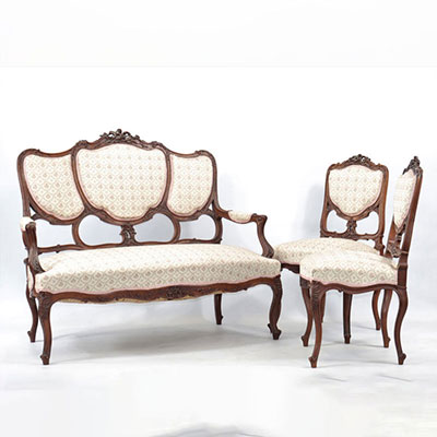 Louis XV living room set with a sofa and 4 carved wooden chairs