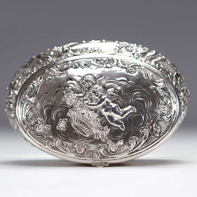 Large solid silver covered box decorated with cherubs 19th century