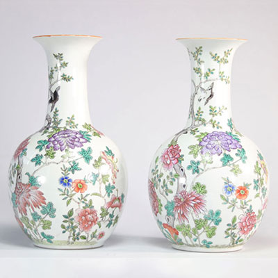 Paire de vases famille rose à décor d'oiseaux et fleurs