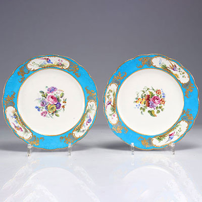 Paire assiettes en porcelaine de Sèvres décor d'oiseaux et fleurs marque de 1757