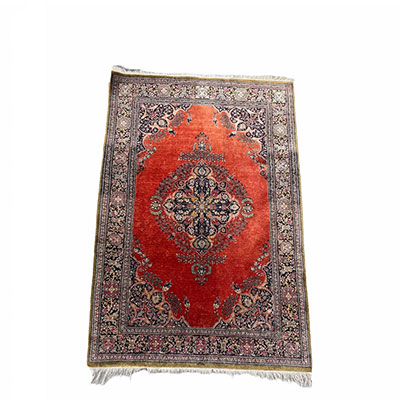 Keshan Souf carpet in polychrome floral embroidered silk on a red background, border decorated with flowers