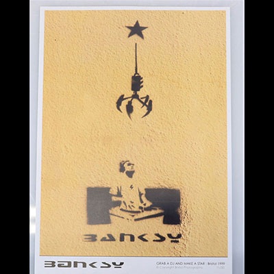 Banksy. “Grab A DJ and Make A Star”. Bristol, 1999. Color offset print, published by Bristol Photography in 1999. Limited edition of 50 copies. Signed in the plate.