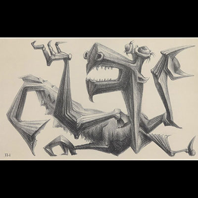 Lithographie représentant un dragon, monogrammée FH. numérotée 84/300 et signature non identifiée.